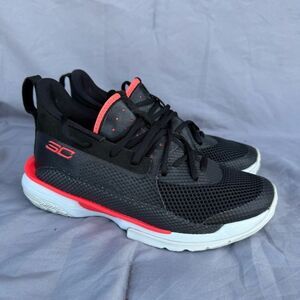 Kids’ 4.5Y Under Armour Curry 7 Basketball Shoes Black Beta Red Low Top